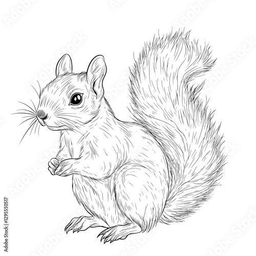 Squirrel Sketch: A detailed, monochromatic illustration of a squirrel, capturing the intricate textures of its fur and the alertness in its eyes, ideal for educational or artistic projects.