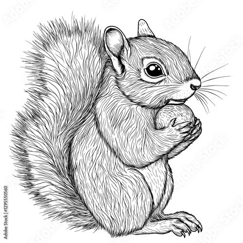 Squirrel and Nut: A detailed pen and ink drawing captures the charm of a squirrel clutching a nut. The monochrome aesthetic highlights the intricate fur and focused expression of the tiny creature. 