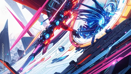 Fototapeta Naklejka Na Ścianę i Meble -  Futuristic Sci-Fi Space Station with Neon Aesthetic