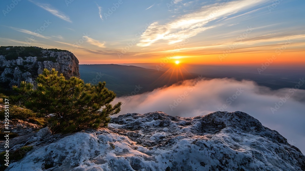 Breathtaking sunset view from a mountain peak with colorful skies and lush landscape below during twilight : Generative AI Breathtaking sunset view from a mountain peak with colorful skies and lush landscape below during twilight : Generative AI