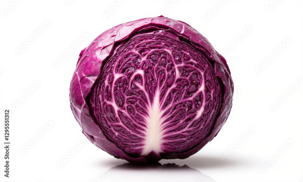 A fresh red cabbage sliced in half, revealing its intricate purple and white pattern, surrounded by clean water splashes frozen A fresh red cabbage sliced in half, revealing its intricate purple and white pattern, surrounded by clean water splashes frozen
