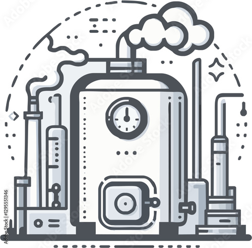 Industrial boiler with smoke emissions surrounded by pipes and gauges in a factory setting