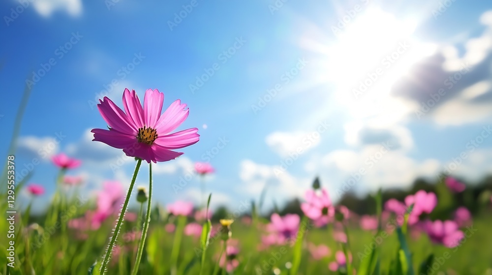 Beautiful pink cosmos flower standing tall against a bright sky filled with fluffy white clouds : Generative AI Beautiful pink cosmos flower standing tall against a bright sky filled with fluffy white clouds : Generative AI