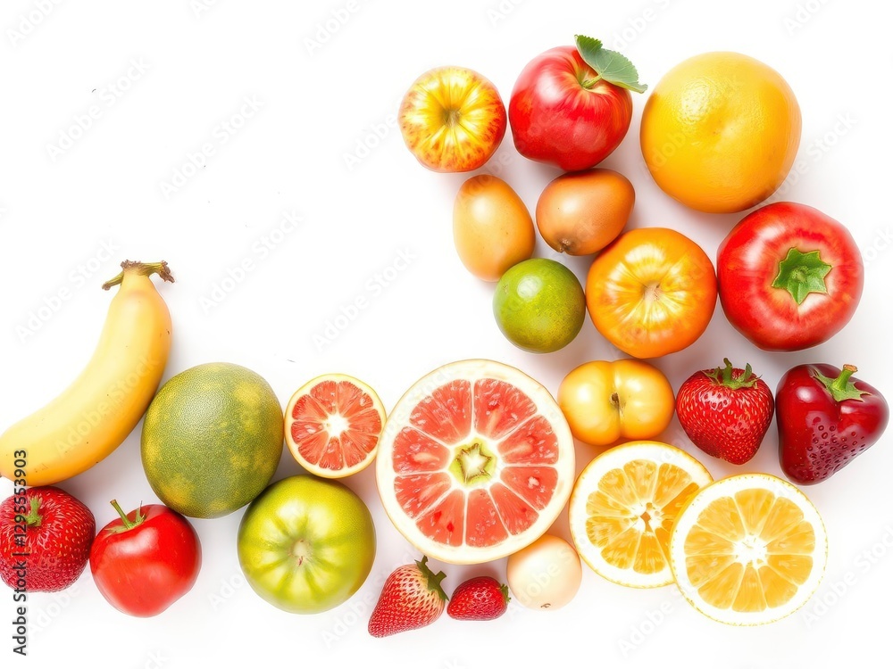 Fresh Fruit Display on White Background, Evoking a Bright Back to School Energy Fresh Fruit Display on White Background, Evoking a Bright Back to School Energy
