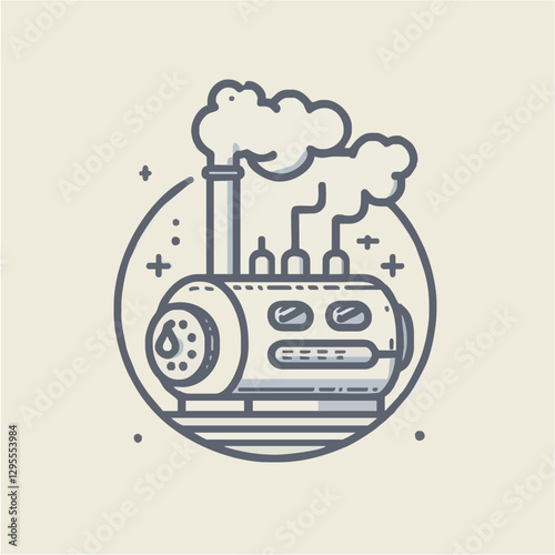 Vintage steam engine with smoke and gears, set against a light background, symbolizing industry