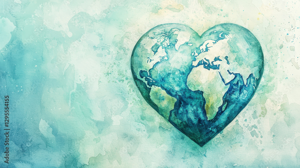 Obraz premium dreamy watercolor heart shape featuring world map, symbolizing love for planet