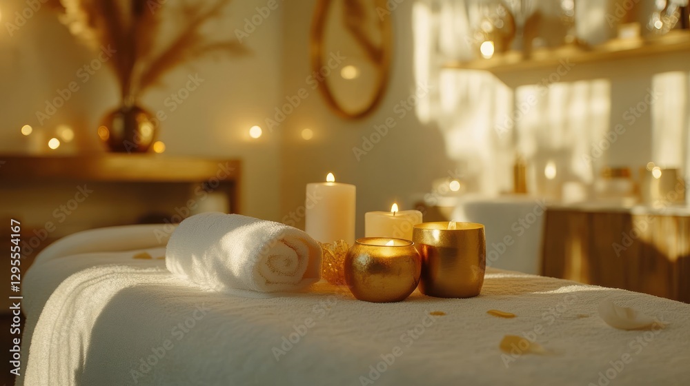 Spa treatment bed adorned with candles and rolled towel Spa treatment bed adorned with candles and rolled towel