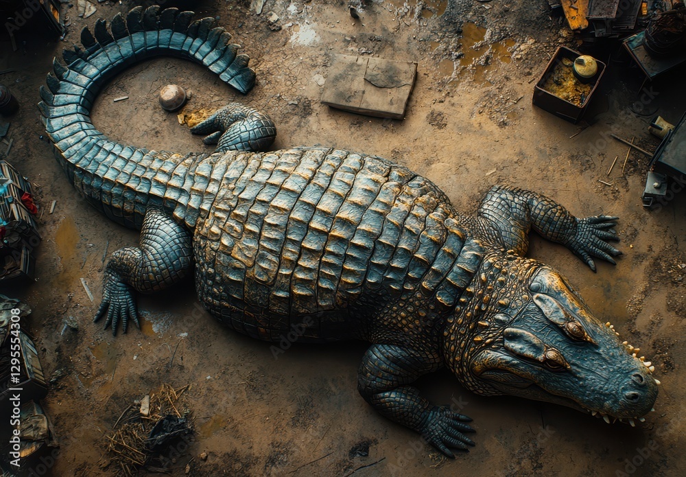 Fototapeta premium A Large, Aged Crocodile Resting on Ground Surrounded by Old Objects, Capturing the Beauty and Intricacies of Reptilian Life in an Urban Environment