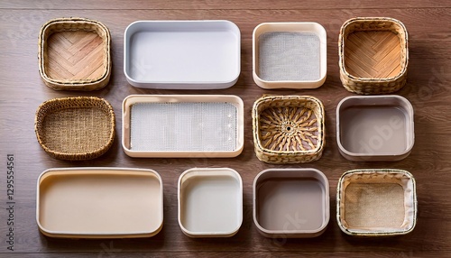 Artisanal Trays Array: A captivating overhead shot showcasing a collection of handcrafted trays, each uniquely designed with diverse materials, textures, and subtle variations.
