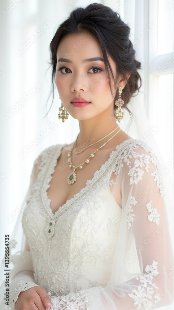 Beautiful women wearing traditional white bridal dress with jewelry, white background Beautiful women wearing traditional white bridal dress with jewelry, white background