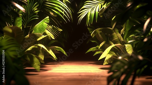 Luminous Tropical Plants Frame Dark Wooden Floor