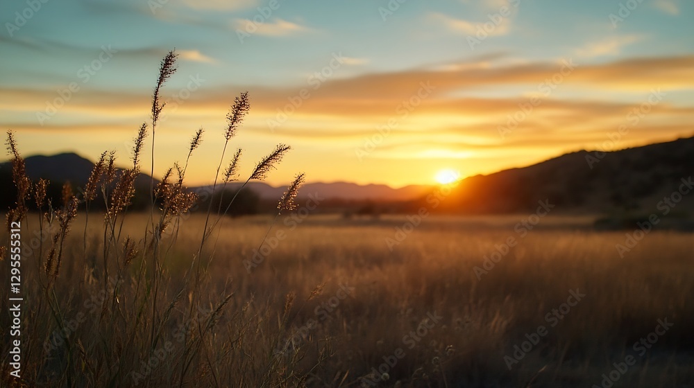 Serene sunset landscape with tall grass under a colorful sky during golden hour : Generative AI Serene sunset landscape with tall grass under a colorful sky during golden hour : Generative AI