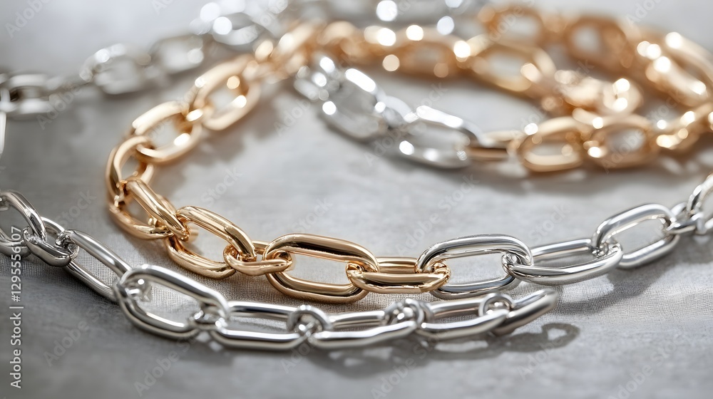 Fototapeta premium A layered chain necklace with gold and silver accents, elegantly presented on a neutral backdrop
