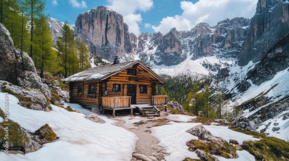 Fototapeta premium Rustic wooden cabin nestled amidst snowy mountains and green trees