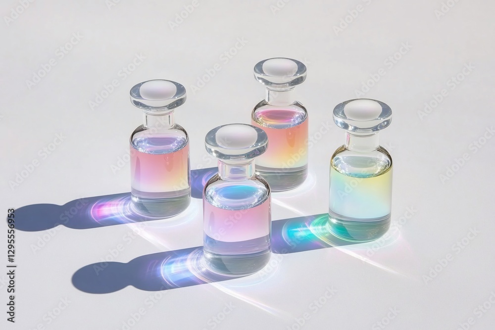 Four glass vials with iridescent liquid. Four glass vials with iridescent liquid.