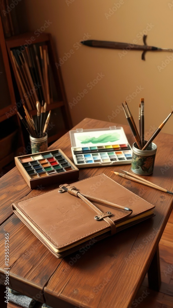 Cozy Rustic Art Station with Watercolors and Leather Sketchbook in a Warm, Earthy Room Cozy Rustic Art Station with Watercolors and Leather Sketchbook in a Warm, Earthy Room
