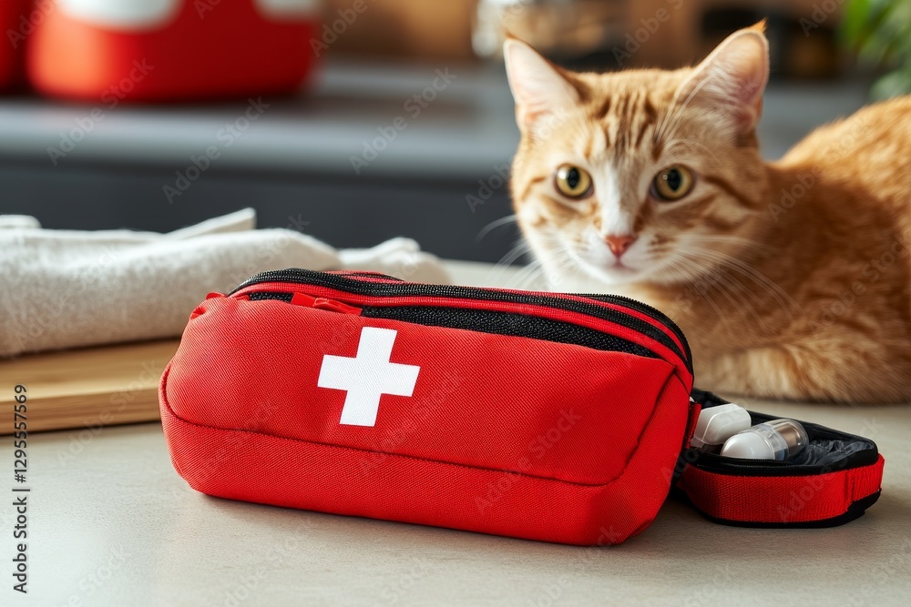 Red First Aid Kit Nearby Relaxed Orange Tabby Cat in Cozy Setting