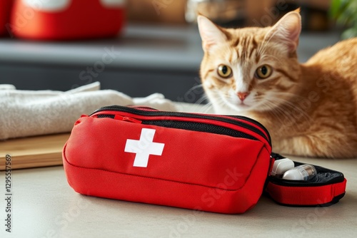Obraz na płótnie Red First Aid Kit Nearby Relaxed Orange Tabby Cat in Cozy Setting w salonie