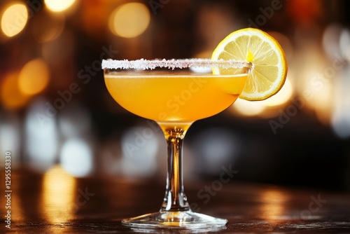 Refreshing Citrus Cocktail Garnished with Lemon Slice and Sugar Rim photo