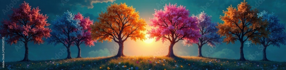 Whimsical trees forming a circle with glowing, ethereal leaves, mystical circles, mysticism, glowing leaves Whimsical trees forming a circle with glowing, ethereal leaves, mystical circles, mysticism, glowing leaves
