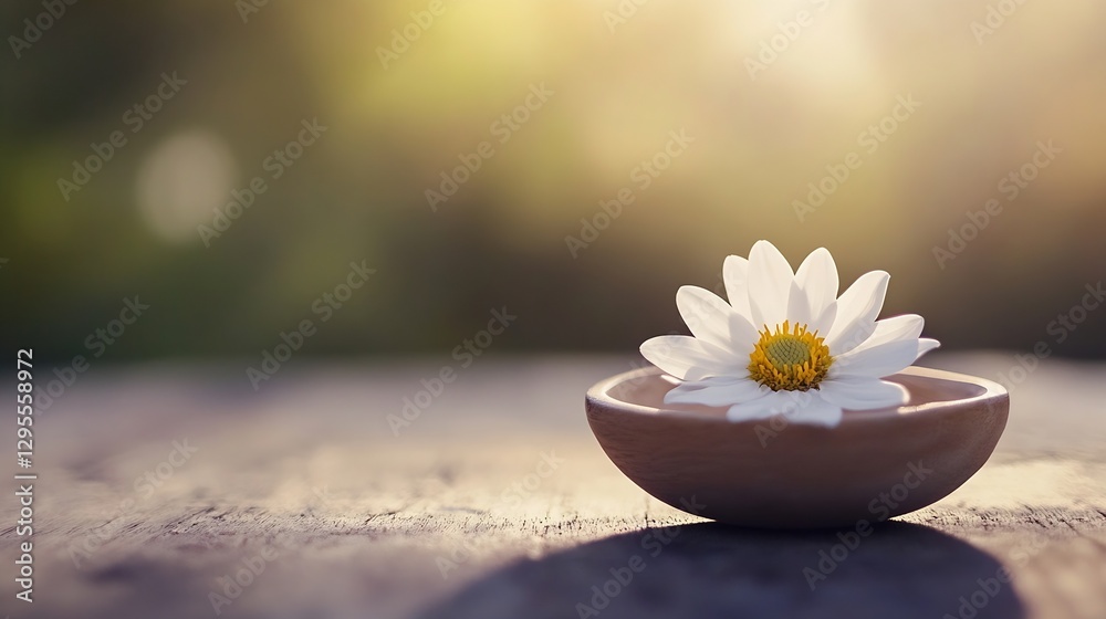 Delicate white flower resting in a wooden bowl with natural soft background lights : Generative AI Delicate white flower resting in a wooden bowl with natural soft background lights : Generative AI