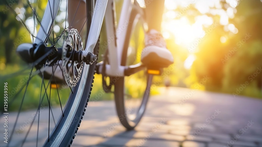 Naklejka premium Cyclist pedaling on a sunlit path surrounded by lush greenery and evening glow : Generative AI