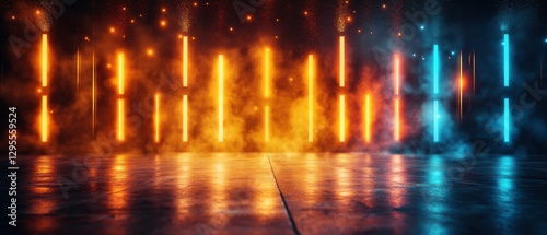 Futuristic stage with vibrant neon lights and smoky atmosphere creating a dynamic and immersive visual experience for any event