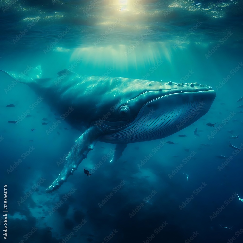 Fototapeta premium majestic blue whale swimming in the deep ocean with sunlight filtering through the water