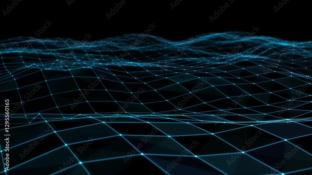 Abstract digital landscape glowing teal wireframe grid network mesh nodes data visualization technology background
