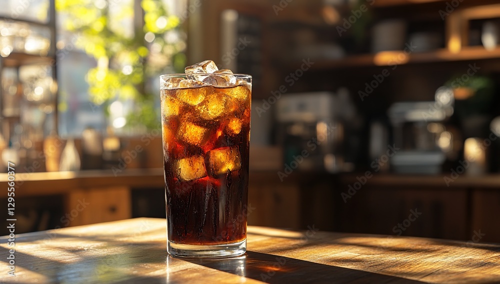 Iced Brown Soda in a Glass on Wooden Table Iced Brown Soda in a Glass on Wooden Table