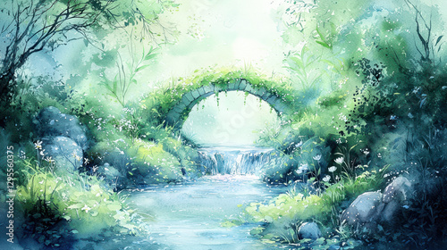 Fototapeta Naklejka Na Ścianę i Meble -  Lush watercolor depiction of peaceful stream flowing under stone bridge, surrounded by greenery and flowers