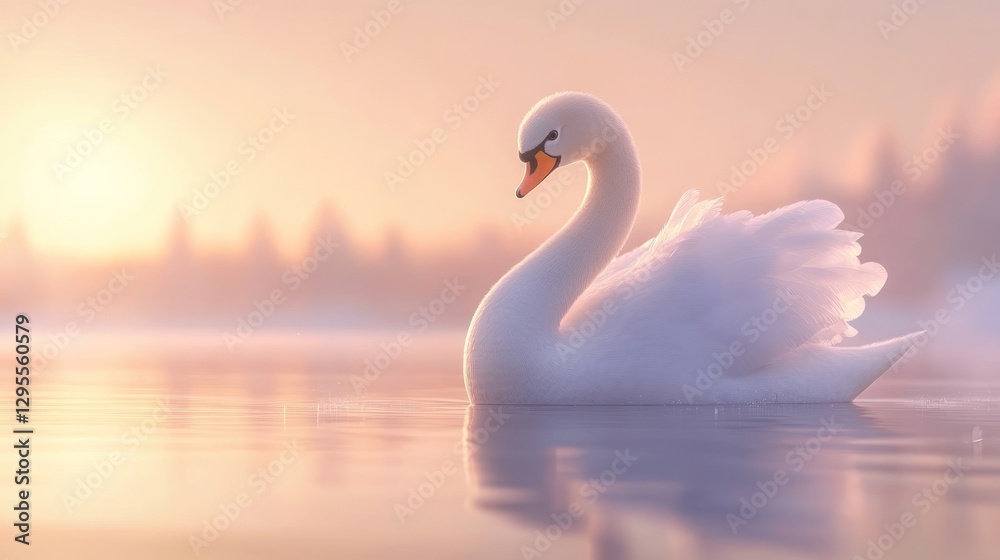 Fototapeta premium Elegant white swan gracefully swims in serene waterscape at dawn