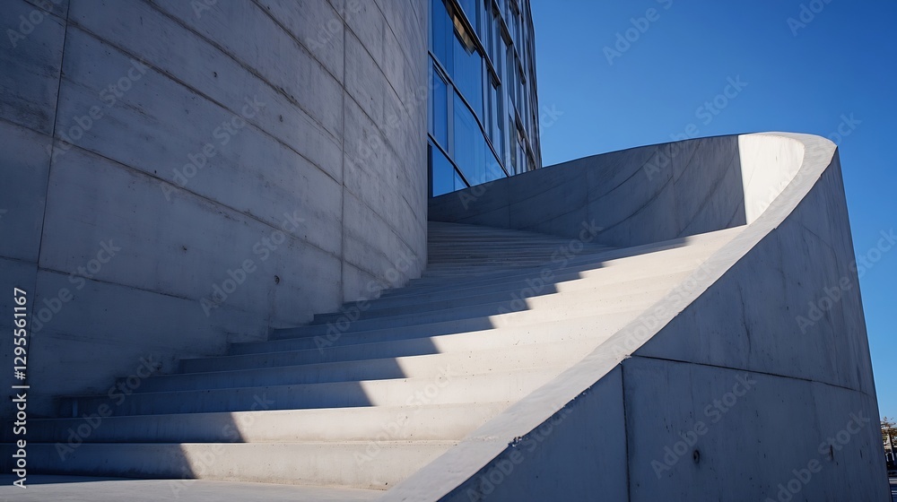 Fototapeta premium Modern architectural staircase with smooth concrete curves leading up against a clear blue sky : Generative AI