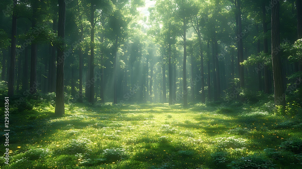 Obraz premium Sunlit forest path, morning mist, green meadow, peaceful nature scene, fantasy backdrop