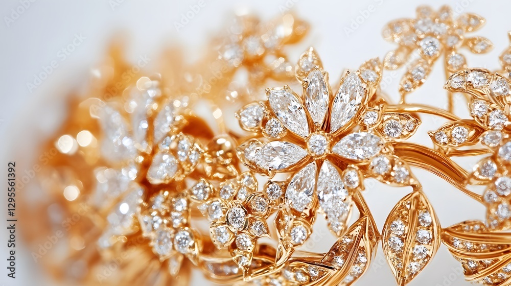 A luxurious gold bracelet with diamonds in a pave setting, set against a bright white background A luxurious gold bracelet with diamonds in a pave setting, set against a bright white background