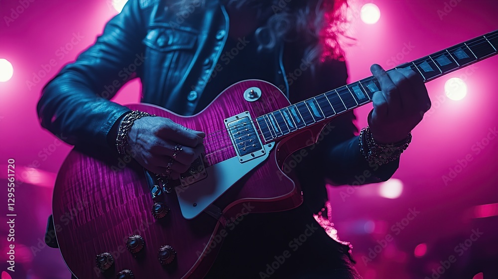 Obraz premium Rock guitarist performing on stage, vibrant lighting