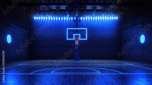 Illuminated basketball court, futuristic, empty.  Possible use for sports background