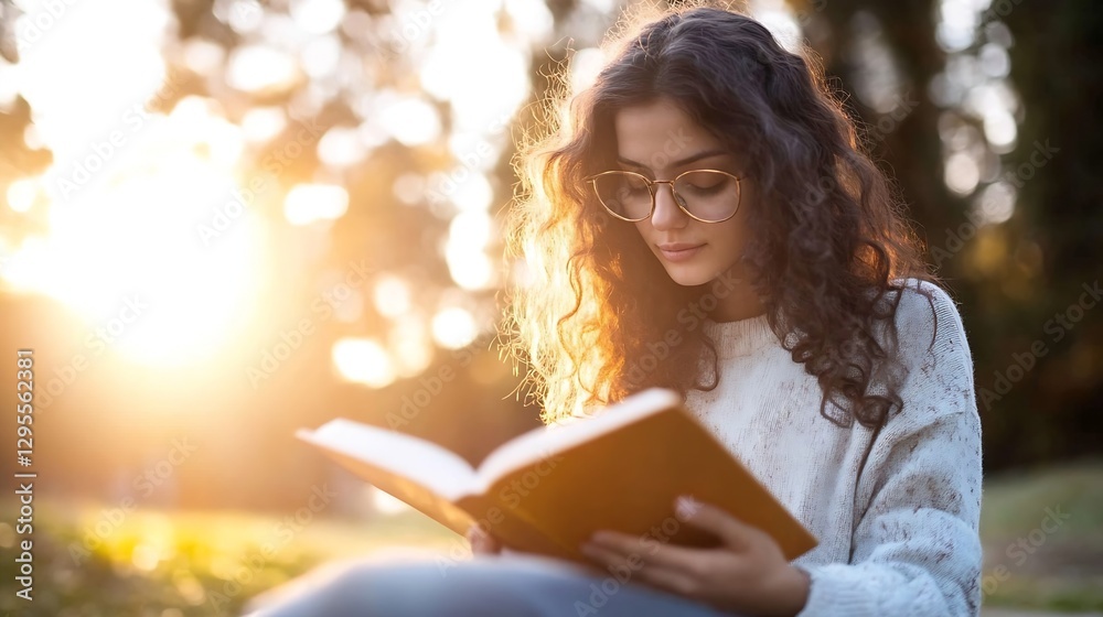 Obraz premium Young woman reading a book outdoors during sunset enjoying the warmth of the sun in a serene park environment : Generative AI