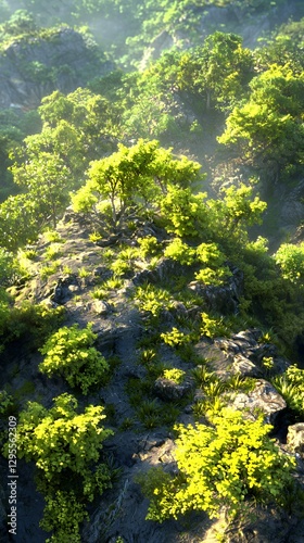 Lush Green Forest Landscape with Sunlight and Misty Mountains