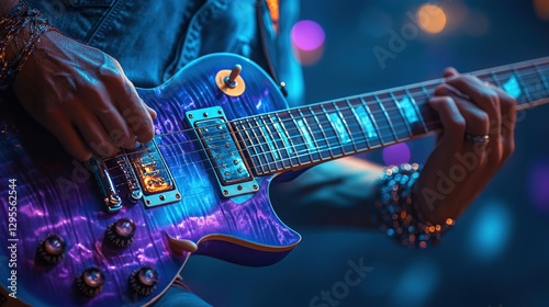 Close-up of guitarist playing electric guitar on stage with vibrant lighting (1) photo