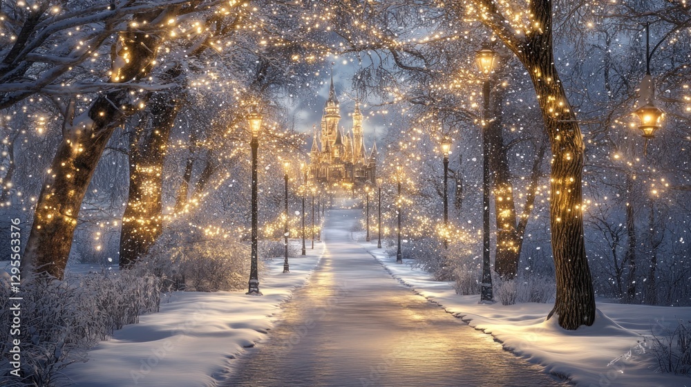 Snowy path leads to a glowing castle amidst winter trees Snowy path leads to a glowing castle amidst winter trees