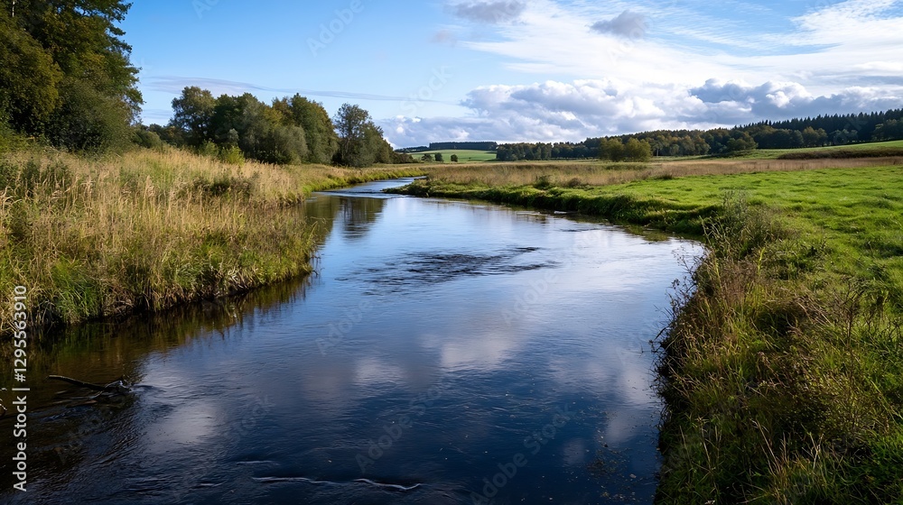 A serene river winding through a lush green landscape under a clear blue sky during daytime : Generative AI A serene river winding through a lush green landscape under a clear blue sky during daytime : Generative AI