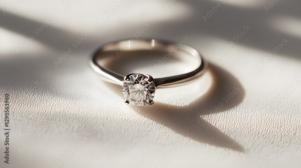 A minimalist silver ring with a single diamond, shown in sharp focus on a white surface A minimalist silver ring with a single diamond, shown in sharp focus on a white surface