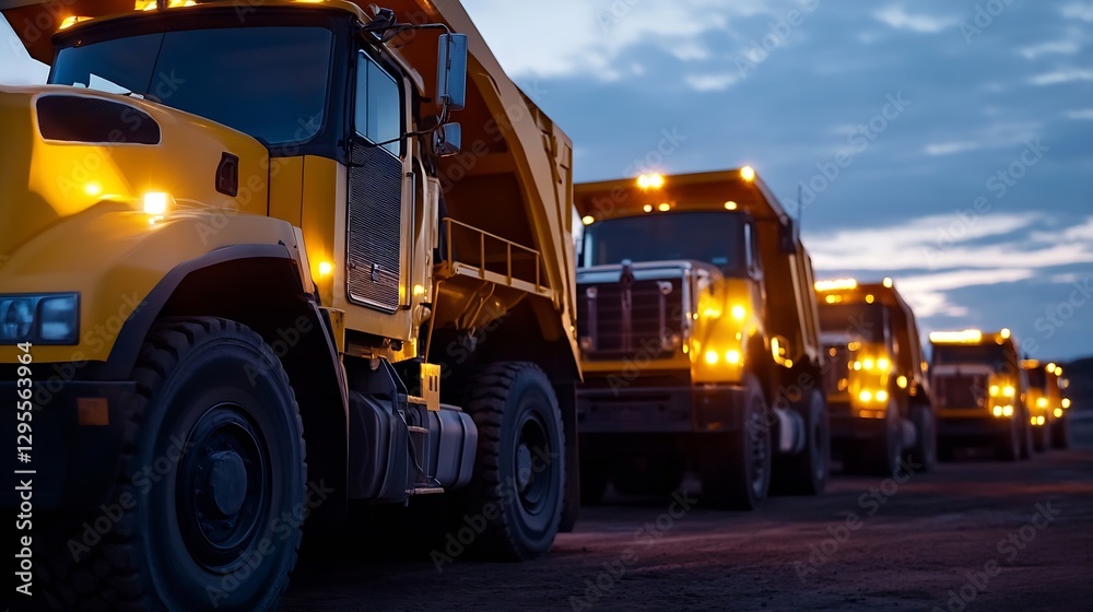Bright Yellow Dump Trucks Lined Up at Construction Site during Twilight Hours : Generative AI Bright Yellow Dump Trucks Lined Up at Construction Site during Twilight Hours : Generative AI