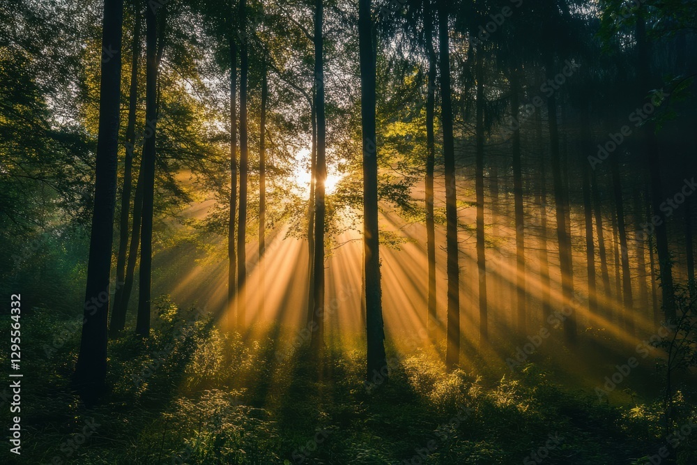 Fototapeta premium A mesmerizing view of sunlight streaming through tall trees, creating a magical forest atmosphere at dawn.