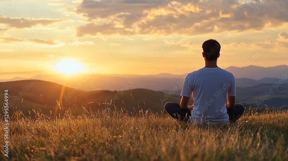 Person Meditating at Sunset on a Grassy Hill with Scenic View : Generative AI Person Meditating at Sunset on a Grassy Hill with Scenic View : Generative AI