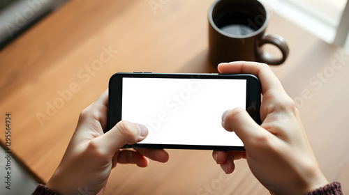 Smartphone mit leerem Bildschirm im Landscape-Modus in der Hand.