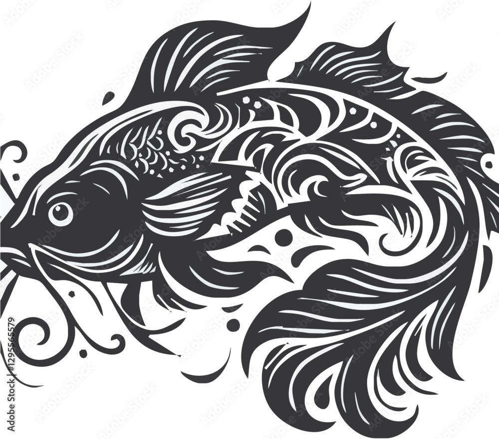 Fototapeta premium Ornate fish illustration showcasing intricate patterns and flowing fins in a dynamic pose