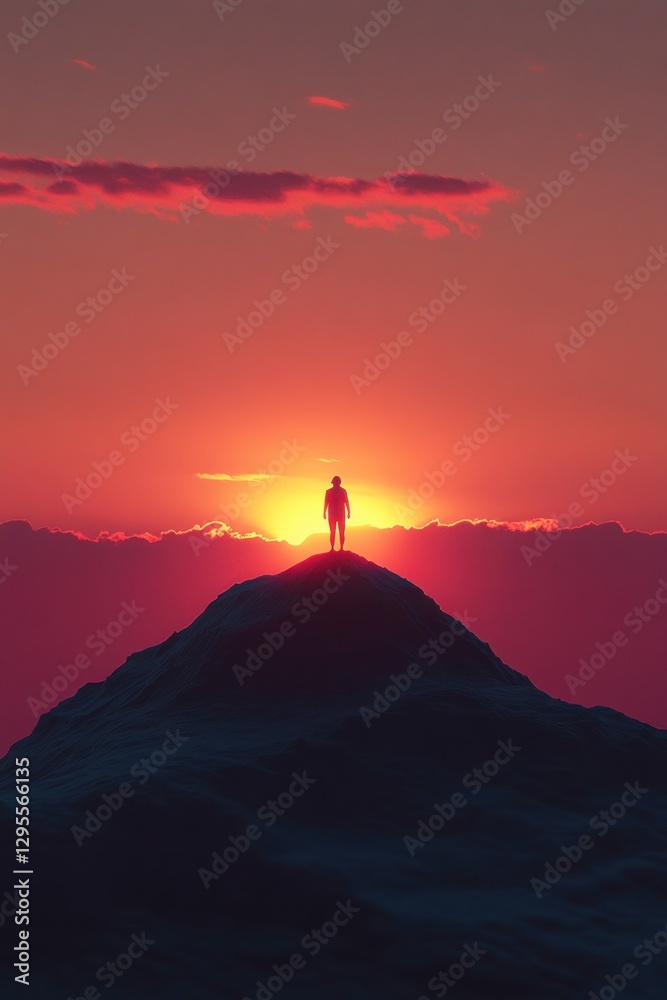 A solitary figure stands atop a snow-covered peak, silhouetted against a vibrant sunset, with mountains and clouds creating a stunning backdrop, evoking feelings of solitude and exploration A solitary figure stands atop a snow-covered peak, silhouetted against a vibrant sunset, with mountains and clouds creating a stunning backdrop, evoking feelings of solitude and exploration