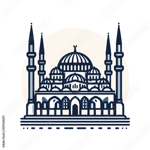 Minimalist mosque illustration with domes and minarets.
